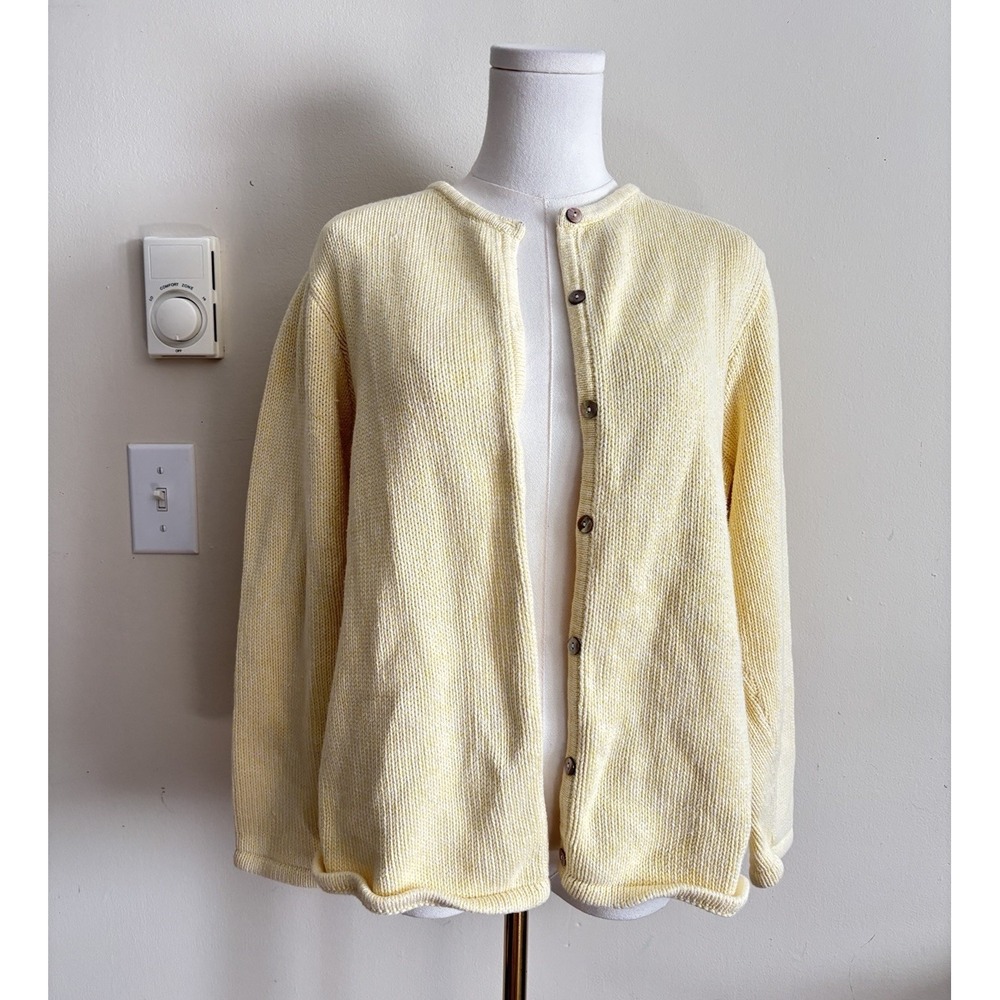 LL Bean Womens XL Chunky Knit Cardigan Cotton Coastal Butter Yellow Outdoor 90s